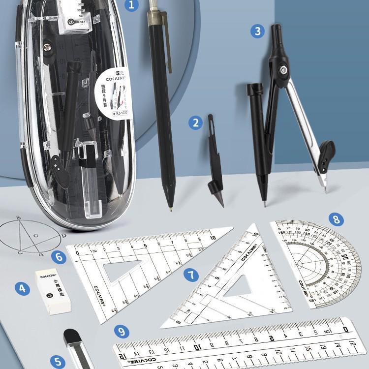 9-Piece Geometry Set for School: Compass, Protractor, Ruler, Square, and More