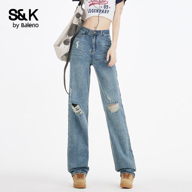 Baleno S&K Women's High-Waisted Ripped Straight-Leg Jeans