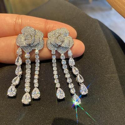 925 Silver Needle Sparkling Flower Drop Micro-set Cubic Zirconia Earrings Camellia Tassel Dangle Earrings Party Jewelry
