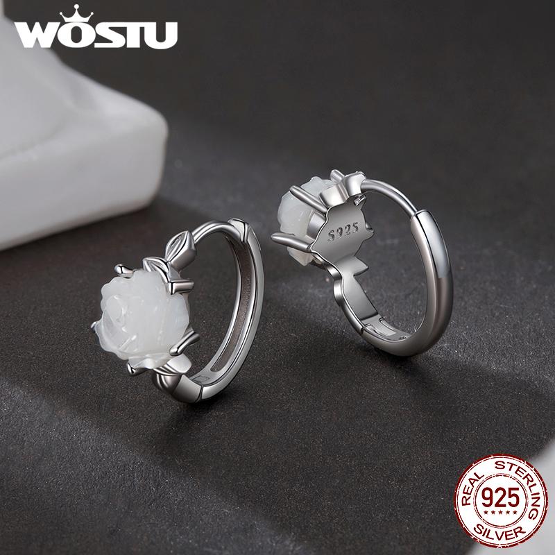 WOSTU S925 Silver Natural White Shell Rose Ring Earrings For Women Wedding Jewelry Set Flower Open Ring Earring Valentine Gift