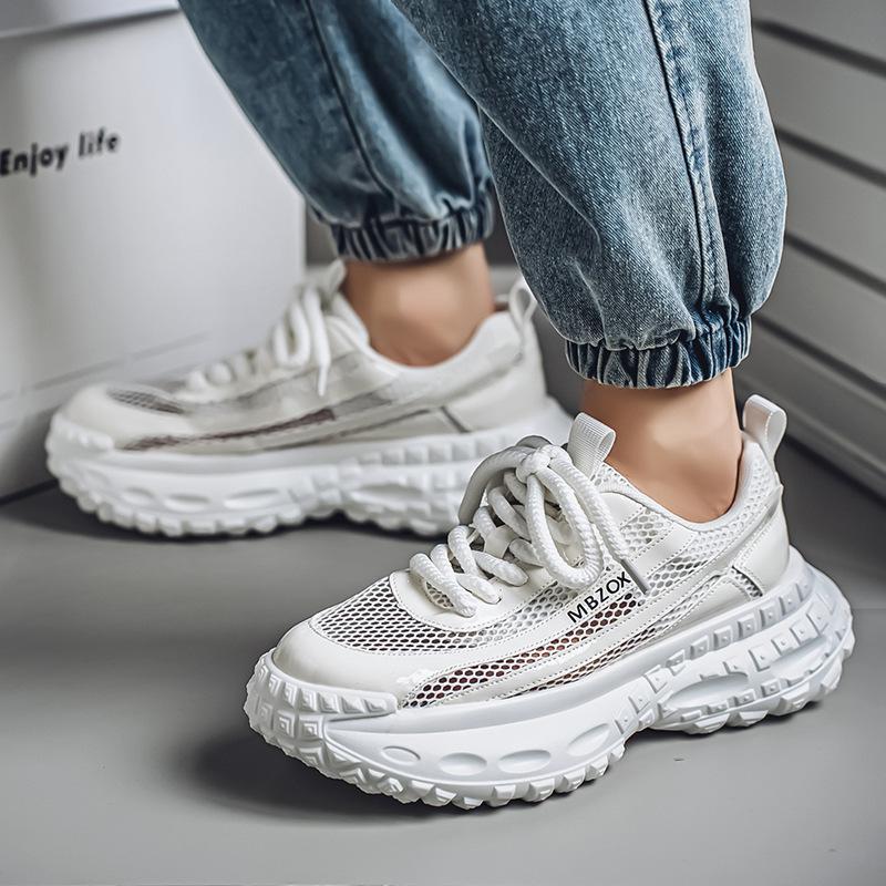 Little white shoes summer new hollow thick sole heightening men's shoes comfortable versatile mesh breathable flying woven trendy shoes dad shoes