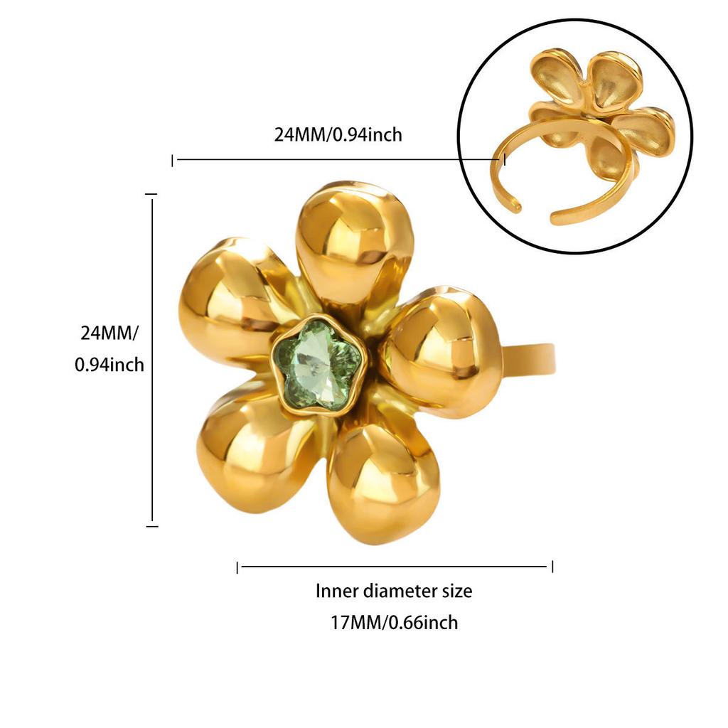 New retro natural stone zircon ring flower round opening stainless steel ring premium versatile jewelry