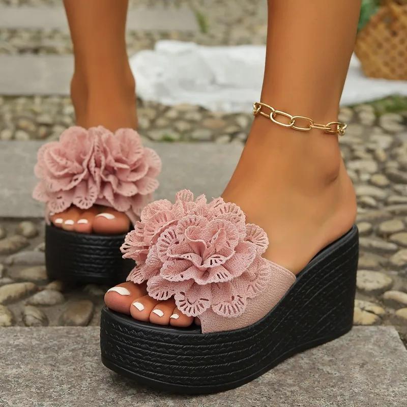 Fashion 2025 Plus Size Ladies Shoes Open Toe Women's Slippers Platform Casual Slippers Women Floral Round Toe Super High Wedges Sandal