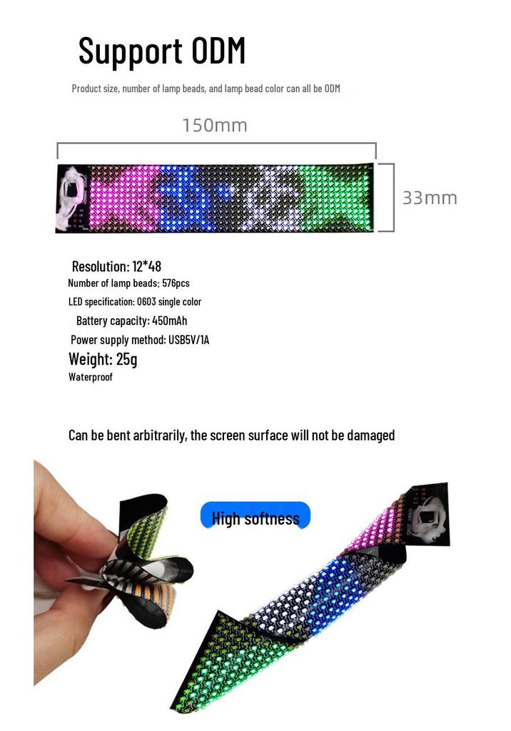 Ultra-Thin Flexible LED Screen: 12x48 Pixel Bluetooth Text Display for Shoes & Bags