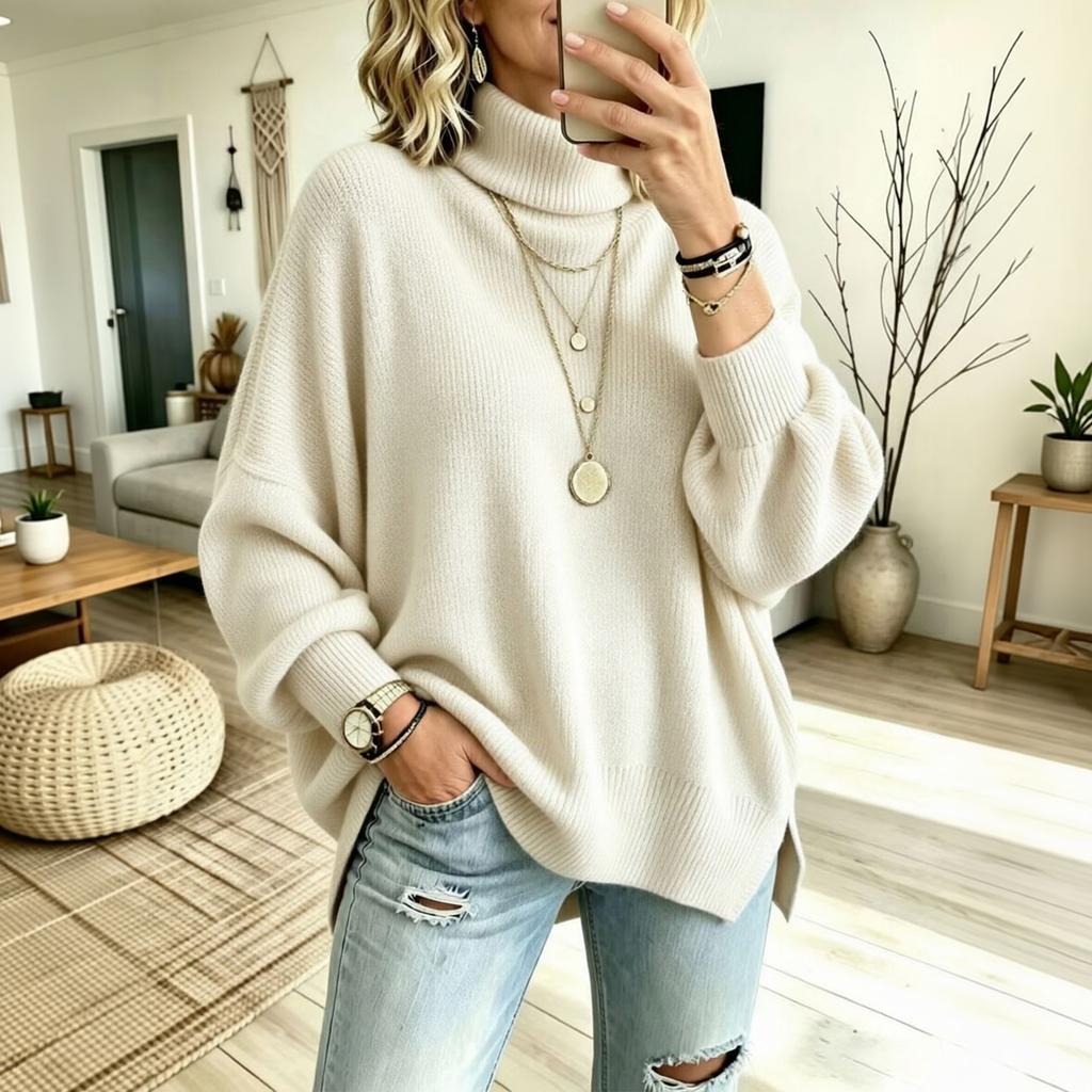 Women's Color Turtleneck Long Sleeve Knit Pullover Sweater with Side Slits