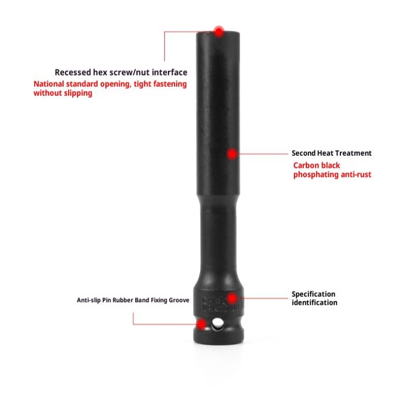 2In1 8-12Mm Long Impact Hex Socket Set Wrench Hex Socket With Variation 1/2"Drive Carbon Black Steel