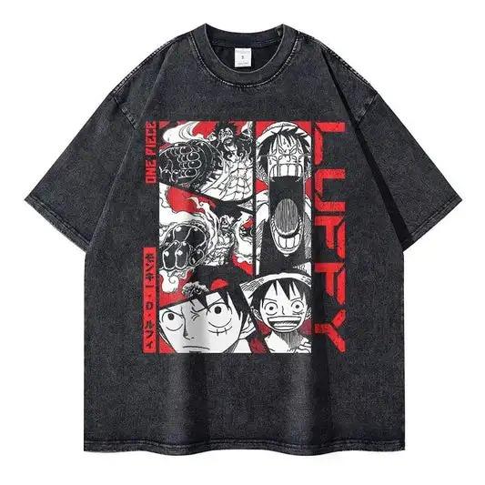Japan Hot-blooded Anime One Piece Luffy Graphic Print T-Shirt Men Women Vintage Washed Cotton Summer New Tee Streetwear Y2K Fashion Oversized Top