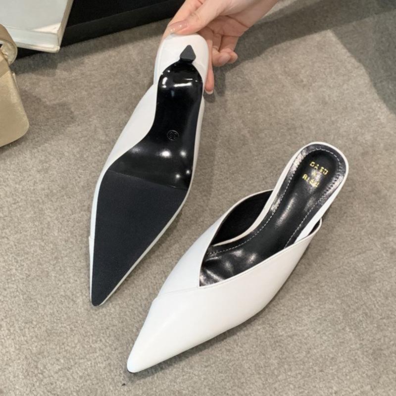 2025 Summer Simple Temperament Bag Head Half Slippers Women's Shoes Wear Versatile One Pedal Middle Heel Sandals