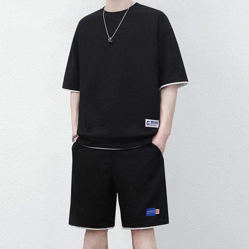 010 Style Loose Waffle Knit Couple Set - Summer Breathable, Embroidered Logo 3XL чёрный