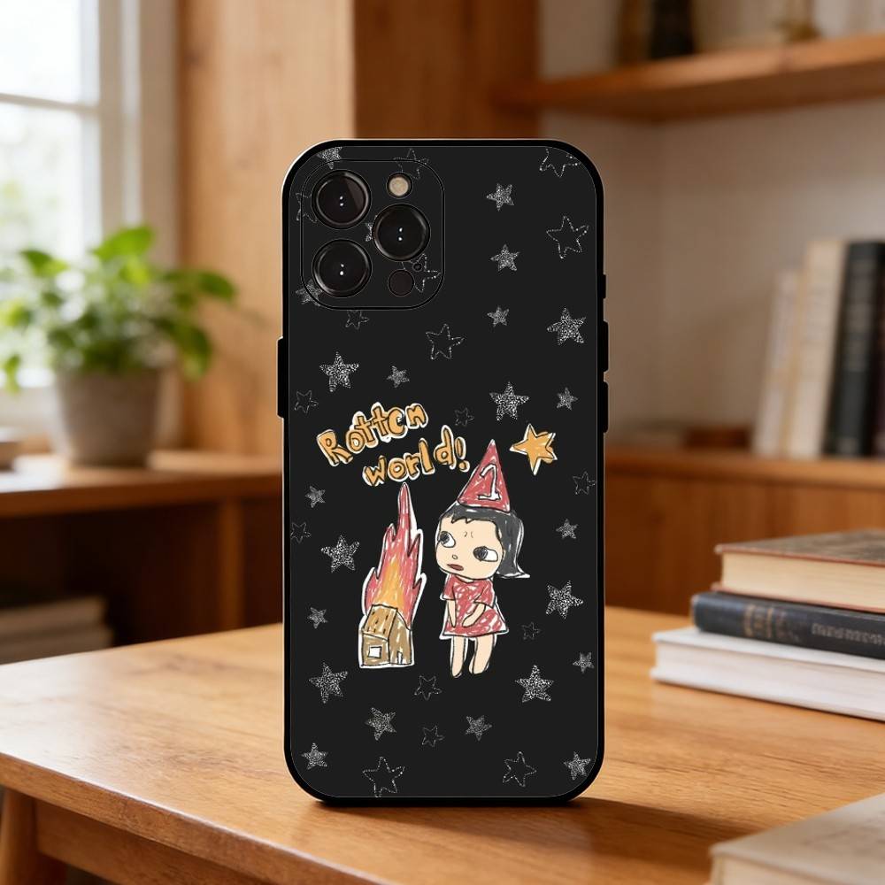 Cute Y-Yoshitomo Nara Phone Case For iPhone17,16,15,14,13,12Plus,Pro Max,XS,5G Soft Silicone Black Cover