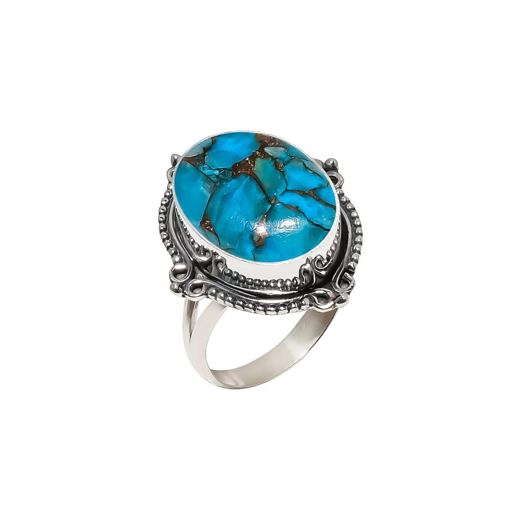 Copper Blue Turquoise 925 Sterling Silver Ring V4571, Blue Ring, Oval Ring, Valentin's Day Gift, Gift For Her, Birthday Gift, Handmade Jewelry, Silver