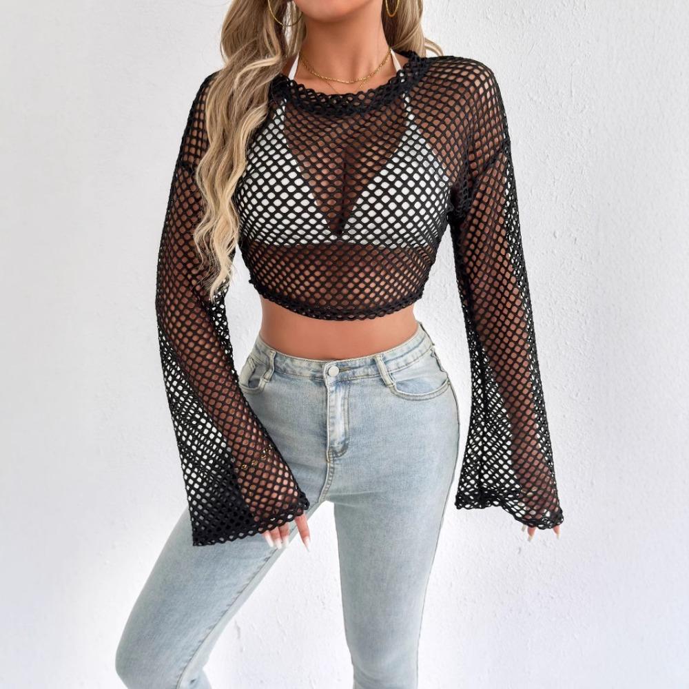 New Casual Perspective Sweater Flared Sleeves Loose Round Neck Hollow Navel Sweater for Women