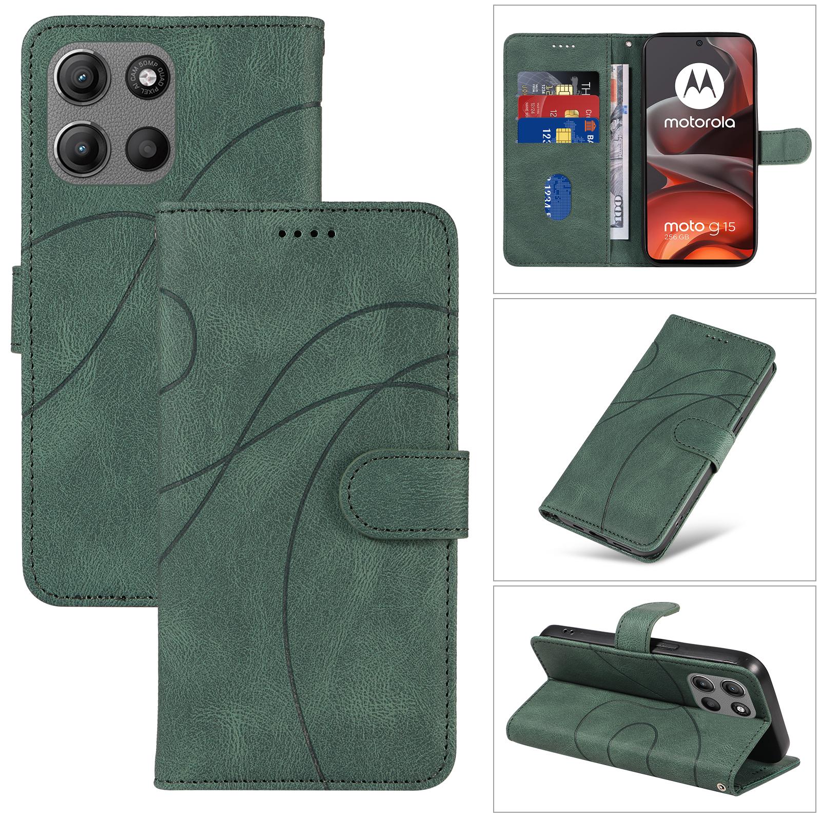 

For Motorola Moto G15 4G Wallet Case Leather Phone Cover Stand with Curved Line Design Green