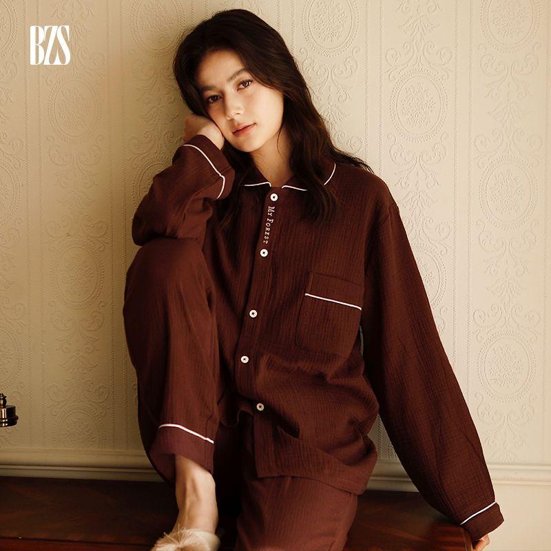 

2024 New Arrival Maillard Color Couple Pajamas Breathable Sweat Absorbing Lapel Homewear Cotton Gauze Long-Sleeve Suit Women Hera Suit L [recommend 60.00 kg-67.50 kg]]