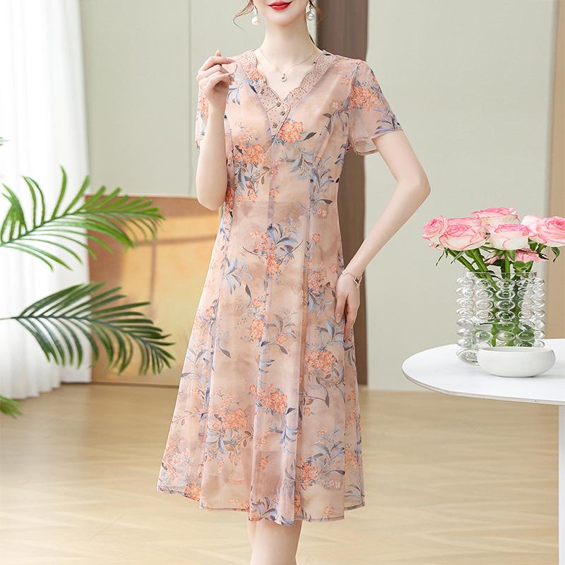 Chiffon Summer Midi Dress for Mothers: Stylish 2026 Short-Sleeve Slimming Fit Skirt