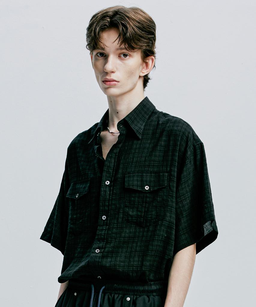 SSY [2Pack] Washed Check Linen 2-Pocket Loose Fit Half Shirt