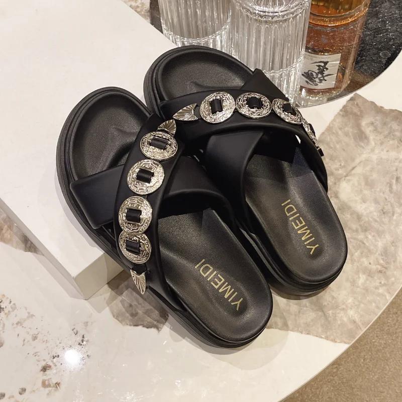 Women Solid Color Slippers Chain Platform Sandals  New Summer Ladies Flats Casual Home Slides Women Modern Slippers Shoes