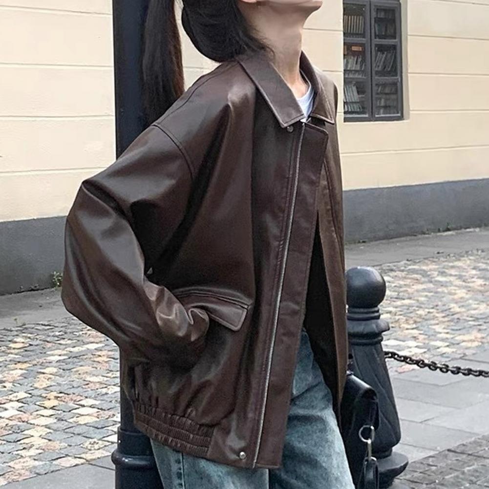 Cappotto in pelle Maillard American Sweet Cool Wear Cappotto in pelle PU marrone Giacca da motociclista retrò antivento e larga