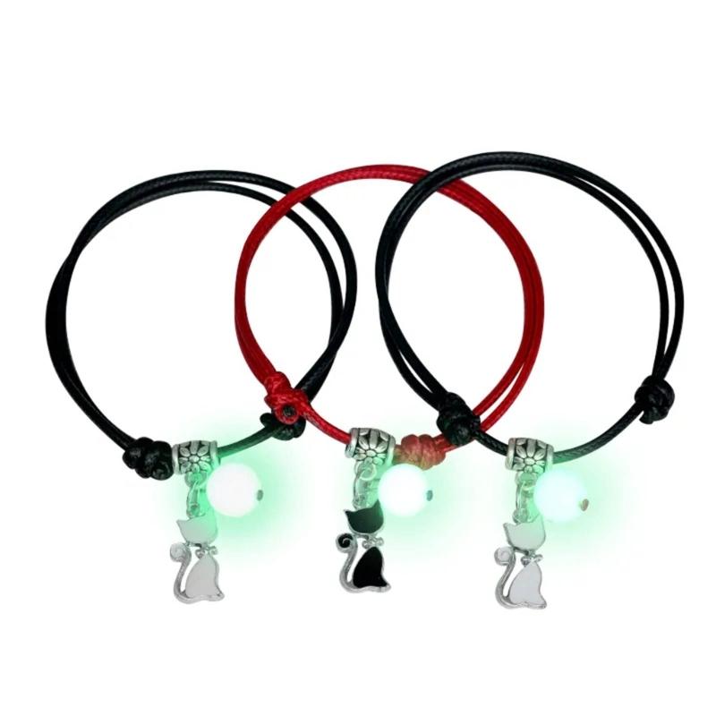 3 Pcs/set Luminous Beads Bracelet Hand-woven Love Star Moon Cat Sisters Novel Luminous Bracelet Adjustable Hand Rope
