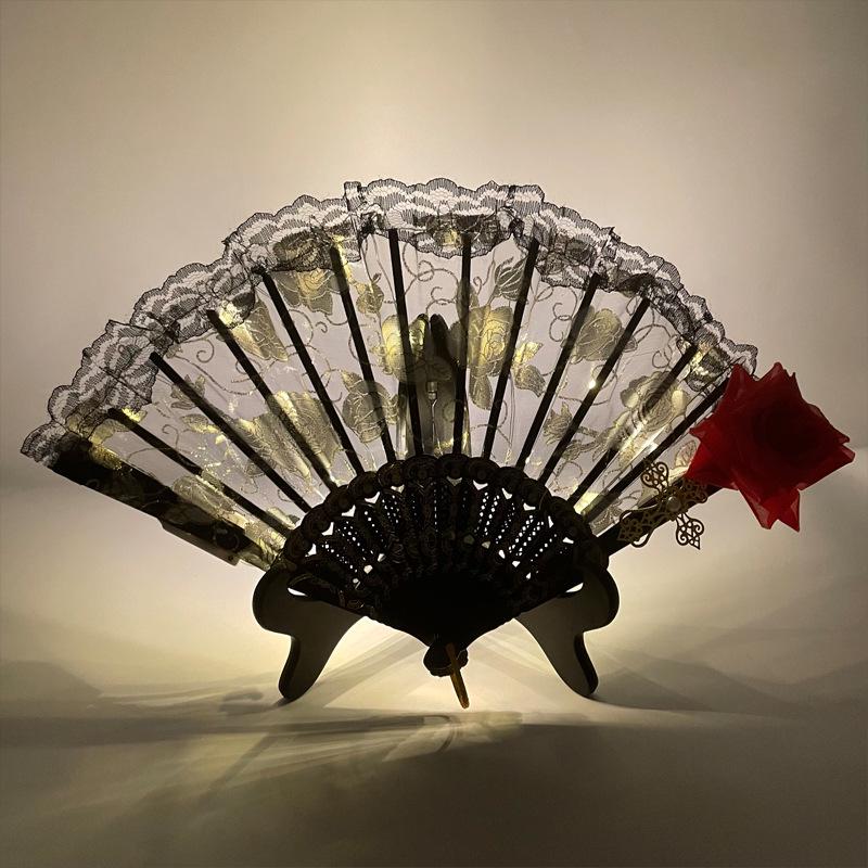 Rose Lace Edge LED Folding Fan - Wedding Gift & Dance Prop