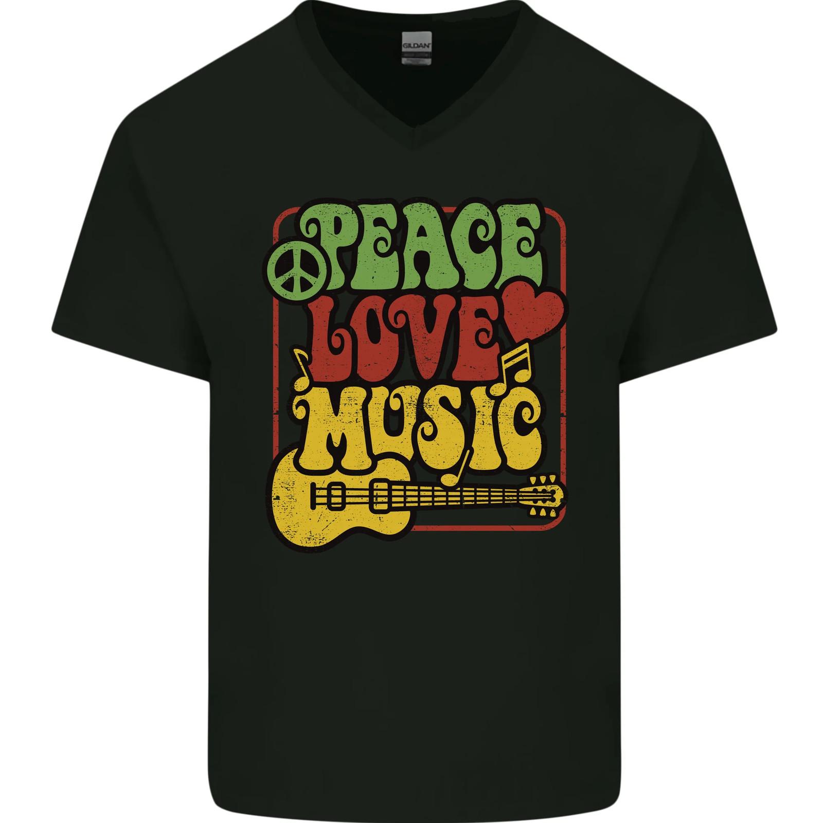 Peace Love Music Guitar Hippy Flower Power Mens VNeck Cotton T-shirt XXXL