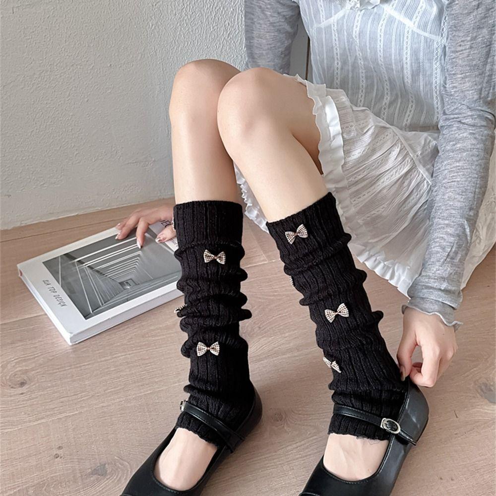 White Knitted Socks Bow Tie Lolita Long Socks Cute Leg Warmer for Women Girls