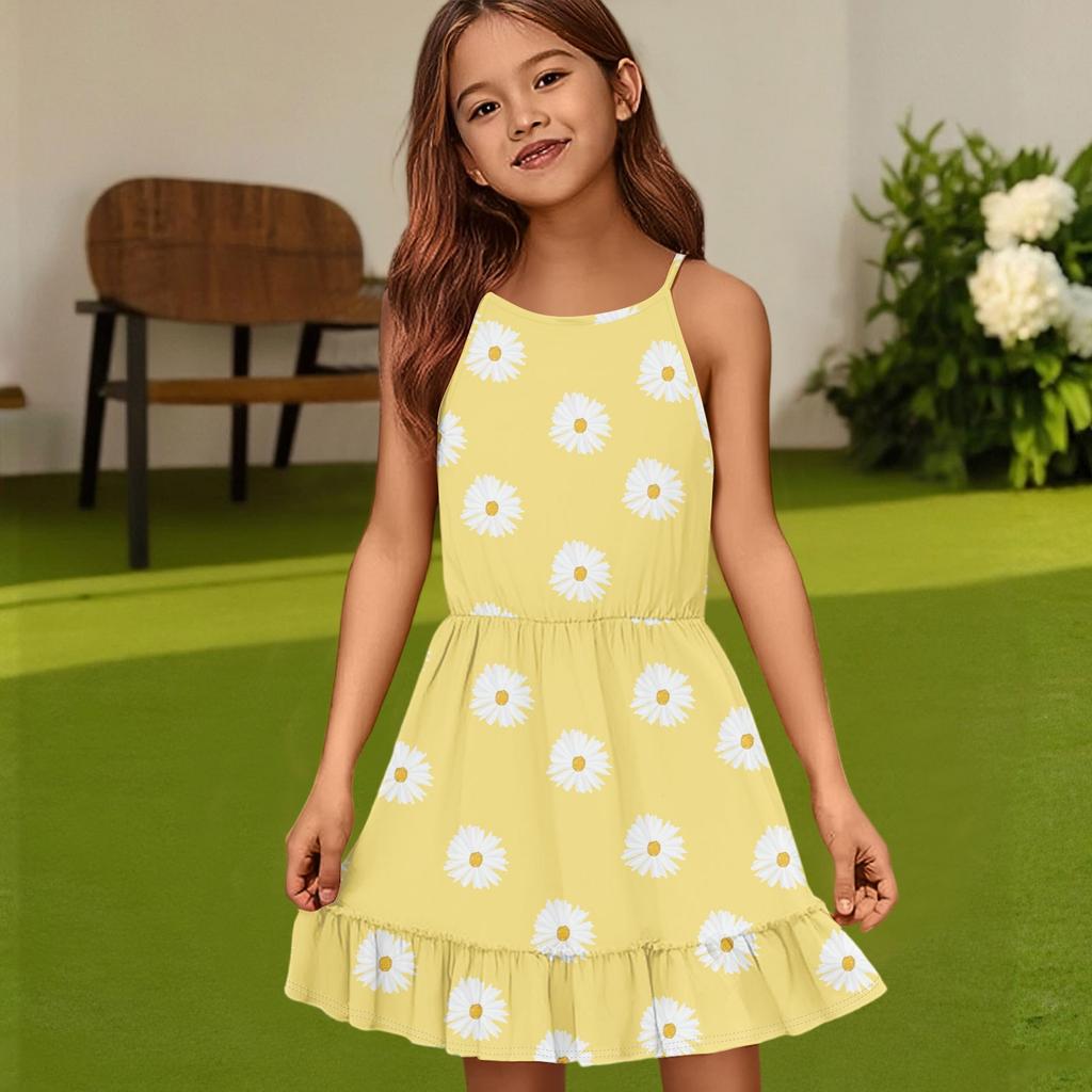 Abito Estivo Casual da Bambina con Scollo Rotondo, Monocolore e Senza Maniche