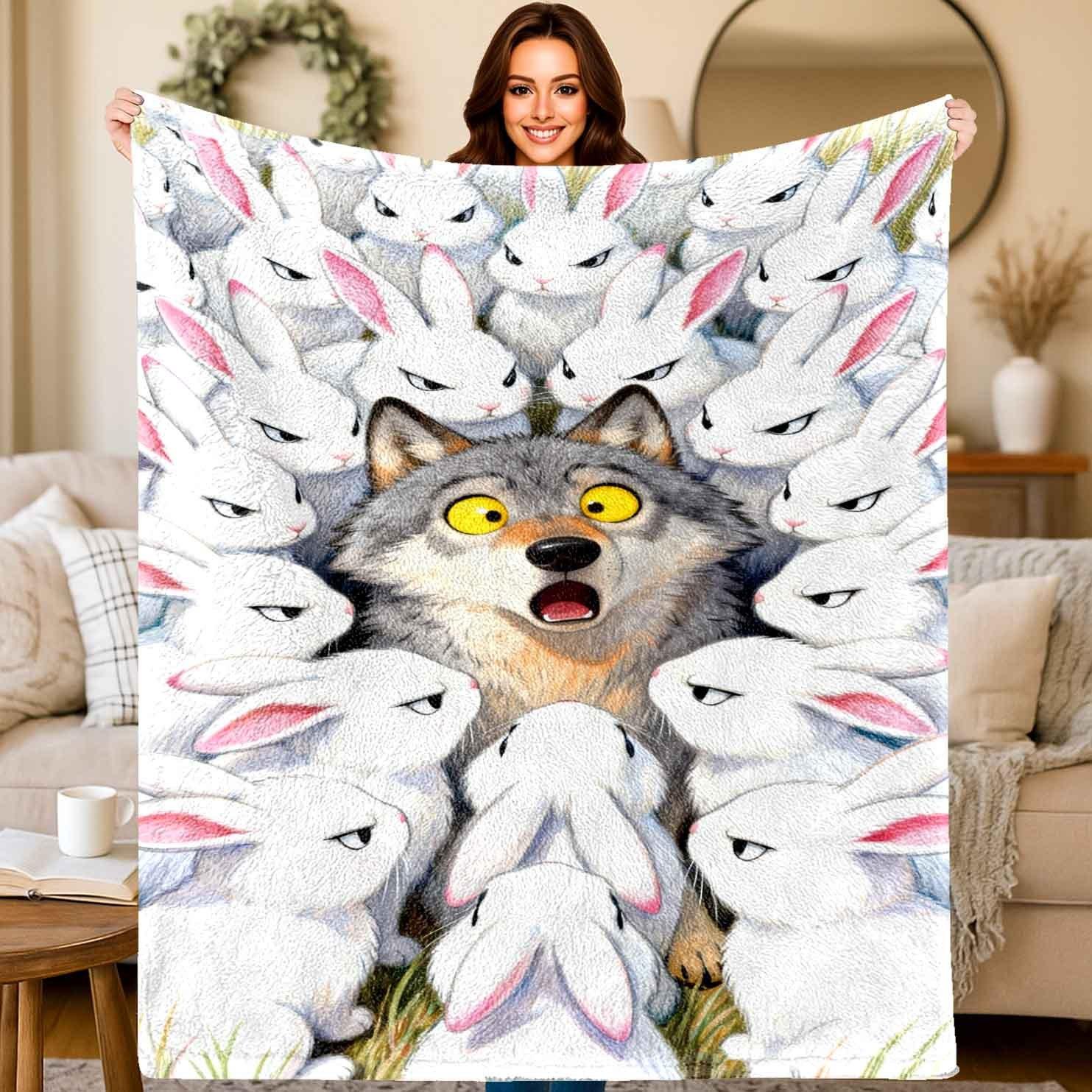 

Fun wolf and rabbit pattern Flannel printed blanket suitable for all seasons suitable for living room office sofa and travel 75x90cm