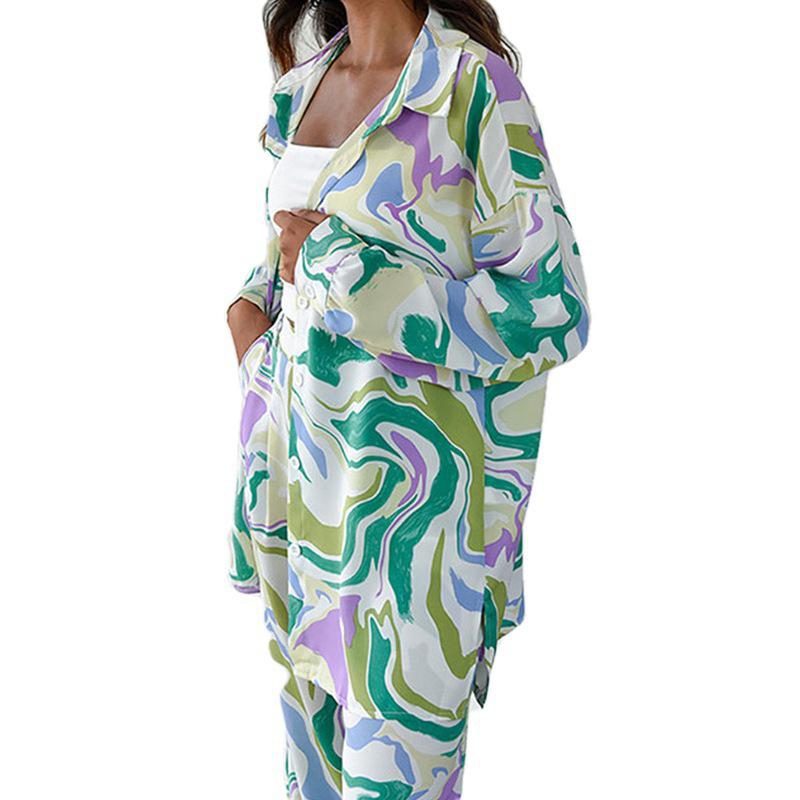 2026 Spring European & American Floral Print Long Sleeve Shirt and Loose Pants Fashion Set