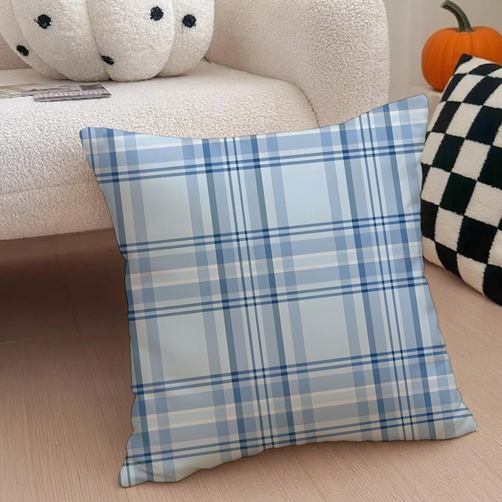 Classical Blue Tartan Design Plaid Cushion Cover Throw Pillow Cover Hidden Button Durable Polyester Chair Cushion