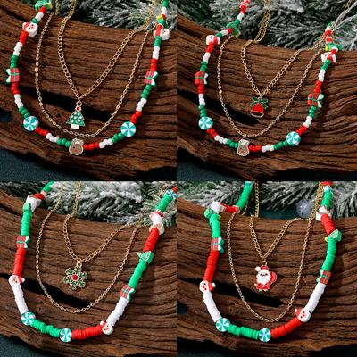 2023 New Cartoon Girl Gift Snowflake Santa Claus Christmas Tree Necklace Set Christmas Models Chain Rice Beads Bells Fawn Necklace 3pcs