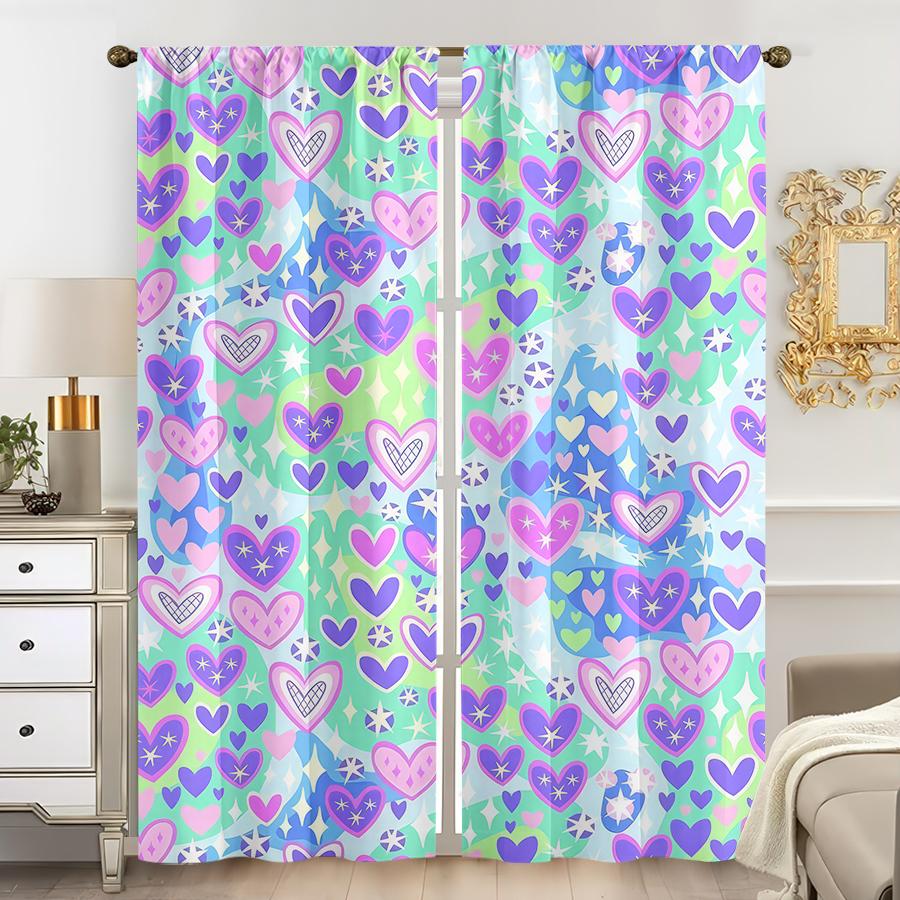 

Set Of 2 Pink Purple Star Heart Contrast Curtains Playful Style Bedroom Living Room Drawbar Pocket Made Polyester Sitting Window Treatment W100*H70(CM)-Grommet top&1PCS