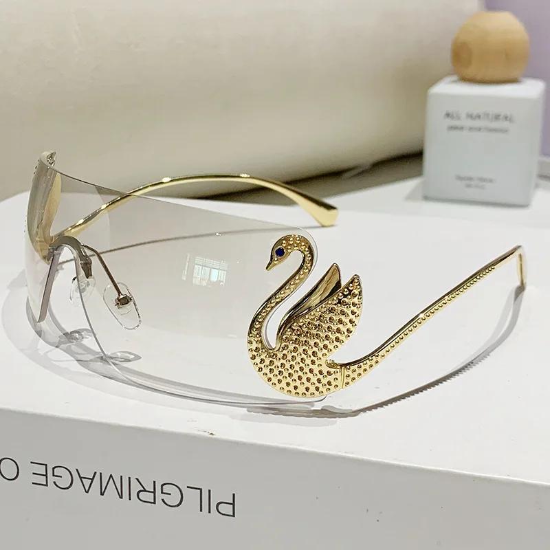 

New Fashion Women Oversized Rimless Sunglasses Luxury Brand Swan Shaped Eyeglasses Trendy Large Frame Glasses Uv400 Eyewear 1PC