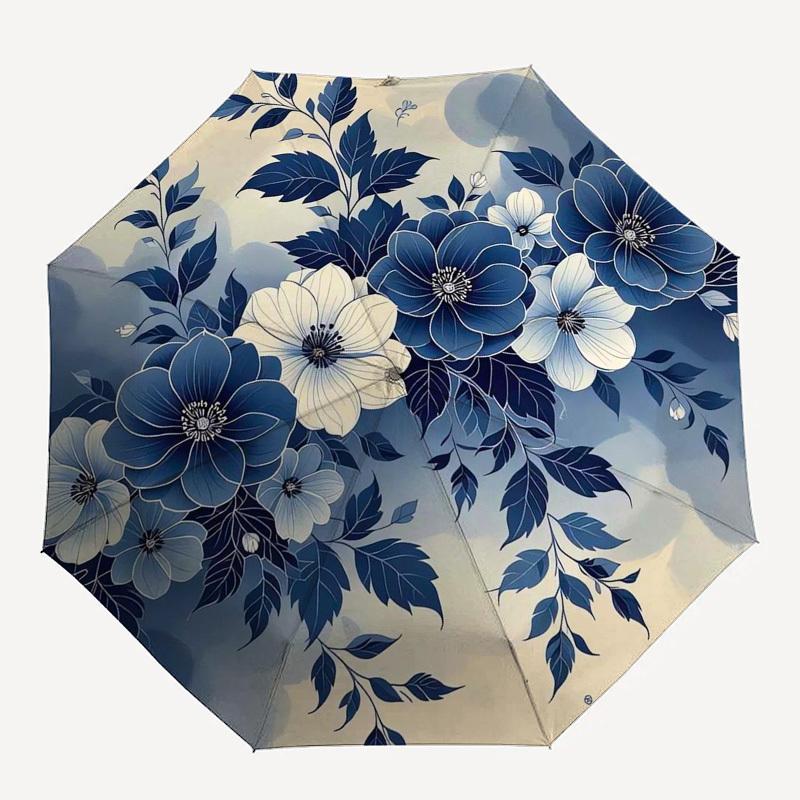 1pc Blue and White Floral Circular Design Umbrella with Plastic Handle,Suitable for All Seasons Umbrellaptys26056