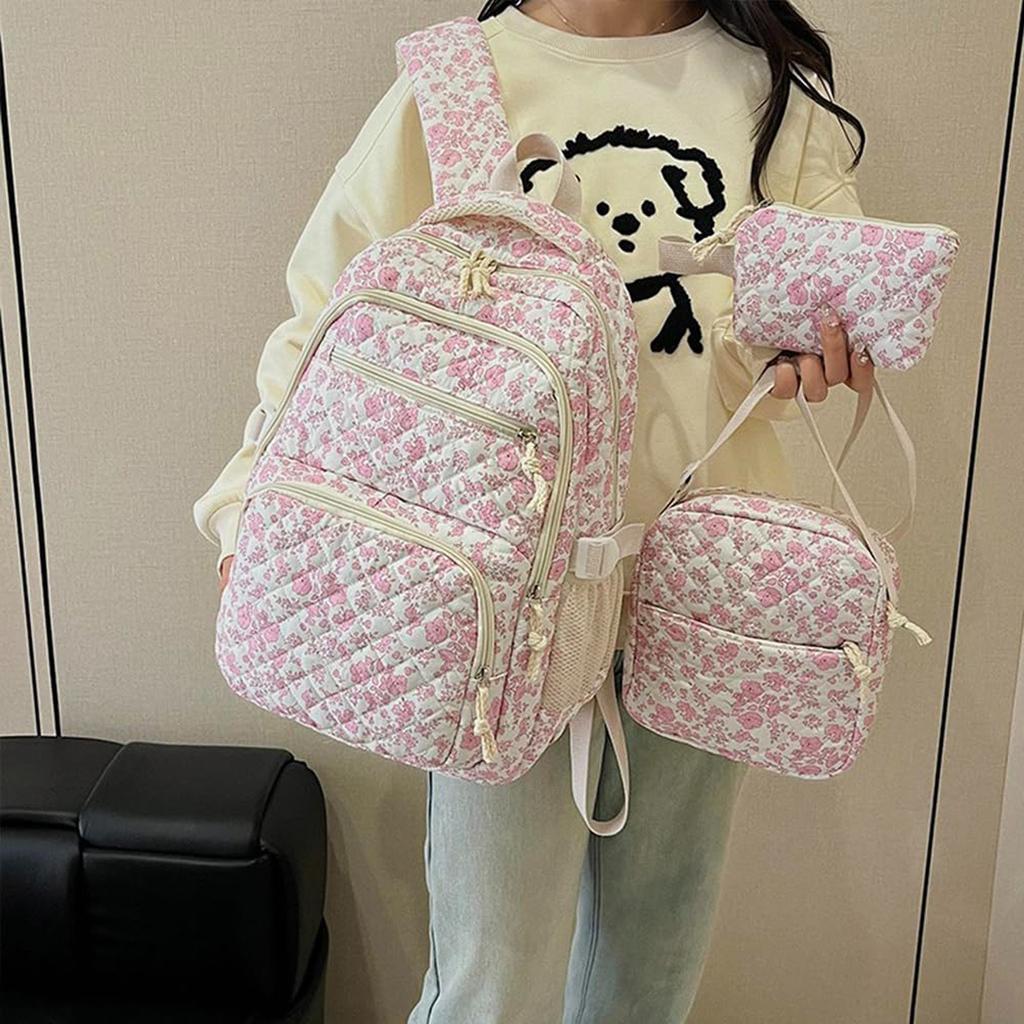 Backpack Cute Kawaii Backpack Set 3 Pieces Floral Quilted Backpack With Small Crossbody Bag