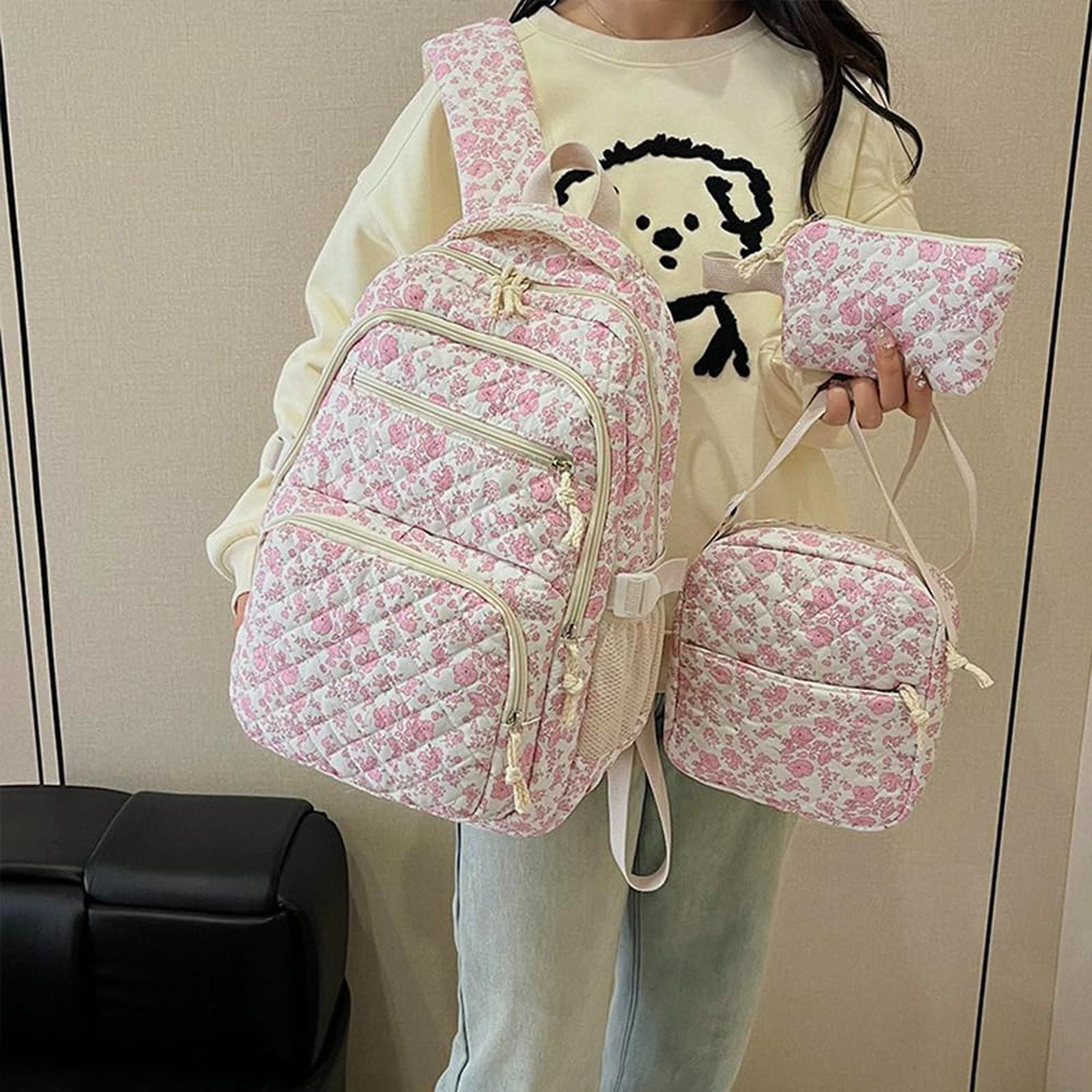 

Backpack Cute Kawaii Backpack Set 3 Pieces Floral Quilted Backpack With Small Crossbody Bag One Size рожевий