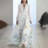 Damen Maxikleid mit Blumendruck, V-Ausschnitt, langärmligem Oberteil, elegantem blauem und gelbem Blumenrock