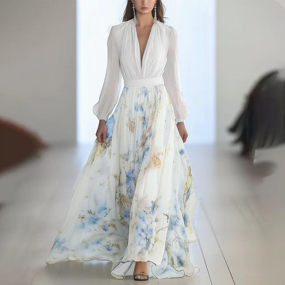 Damen Maxikleid mit Blumendruck, V-Ausschnitt, langärmligem Oberteil, elegantem blauem und gelbem Blumenrock