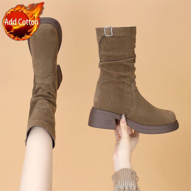 

Fashion Round Toe Middle Heel Women s Half High Boots Autumn Winter Fleece-Lined Platform Ladies Mid Calf Shoes Chic and Elegant Boot 35