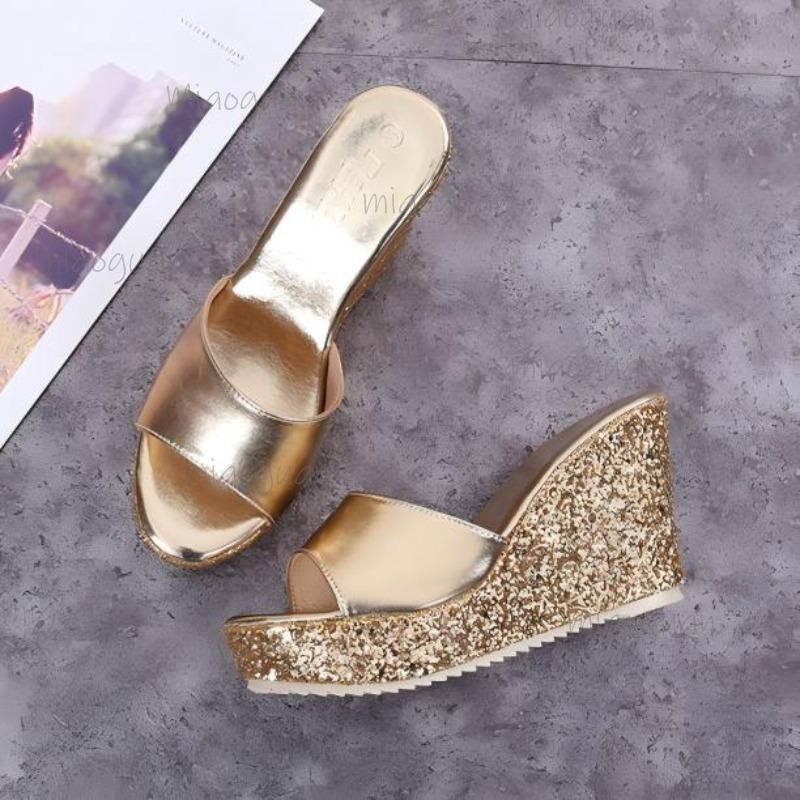 Dames Zomer Mode Schoenen Dikke Zool Platform Sandalen Goud Zilver Pailletten Bling Trendy Slippers Maat 34 Pantuflas Mujer
