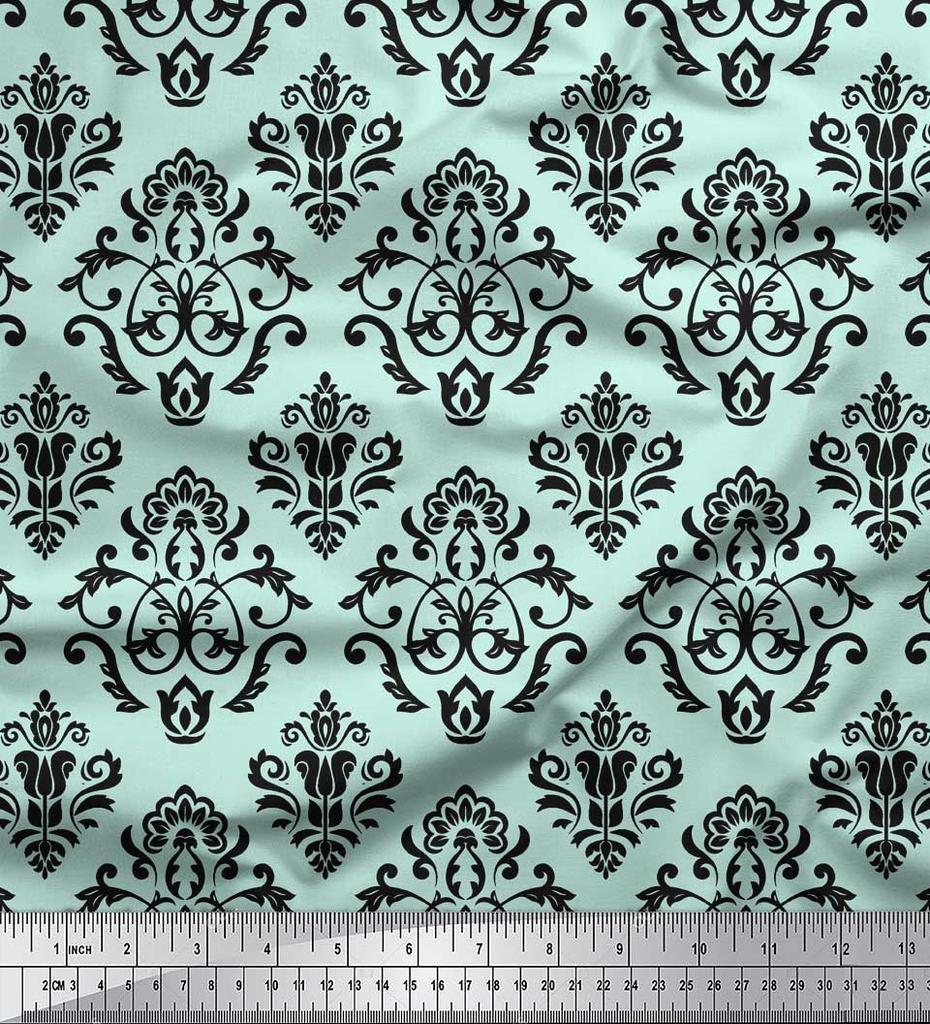 Купити Soimoi Blue Poly Crepe Fabric Flourish Damask Print Тканина