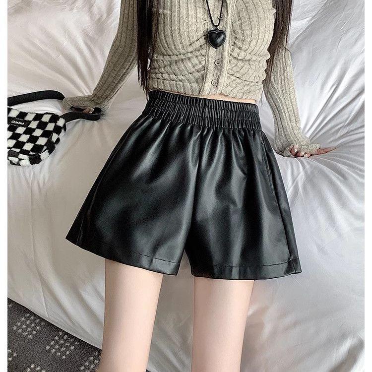 

2025 Autumn/Winter Women s High-Waisted Wide-Leg Leather Shorts - A-Line, Loose Fit, Bootcut, Versatile PU Outerwear S чёрный