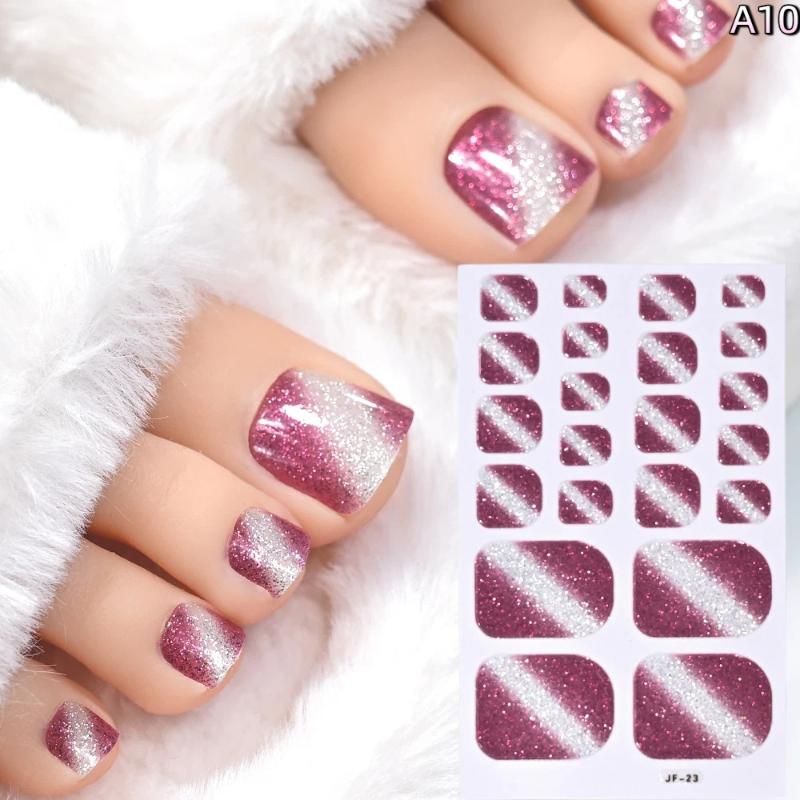 22Pcs/Sheet Toe Nail Sticker Wraps Baking Free Simple Solid Color Glitter Full Cover Toenail Polish Strips Waterproof