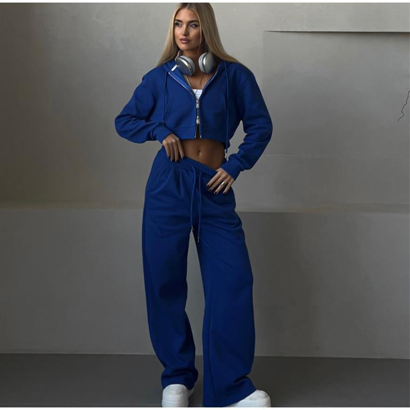 

Весна Осень Новый женский повседневный костюм однотонный укороченный кардиган с капюшоном майка спортивные штаны комплект модная уличная одежда S синий
