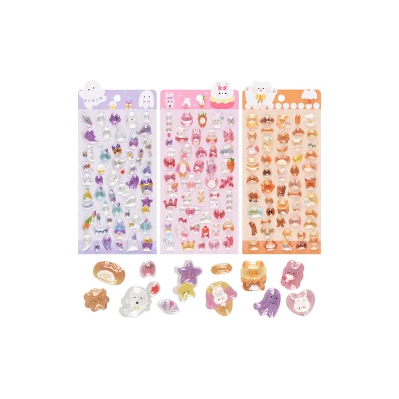 3D Puffy Stickers, Glitter, 3-Pack, Cute, Puffy Stickers, Reward Stickers, Stylish, Cute, Approximately 144 Stickers, Compatible with DIY Diaries,