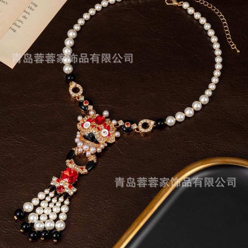 Vintage Chinese Style Red Lion Dance Pearl Tassel Earrings Exude A Sense Of Luxury Necklace Clothing Accessories