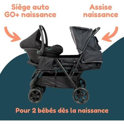 Dvojkočík pre dvojičky - BAMBISOL - Kombinácia dvojkočíka + autosedačka i-Size - 4 kolesá - Čierna