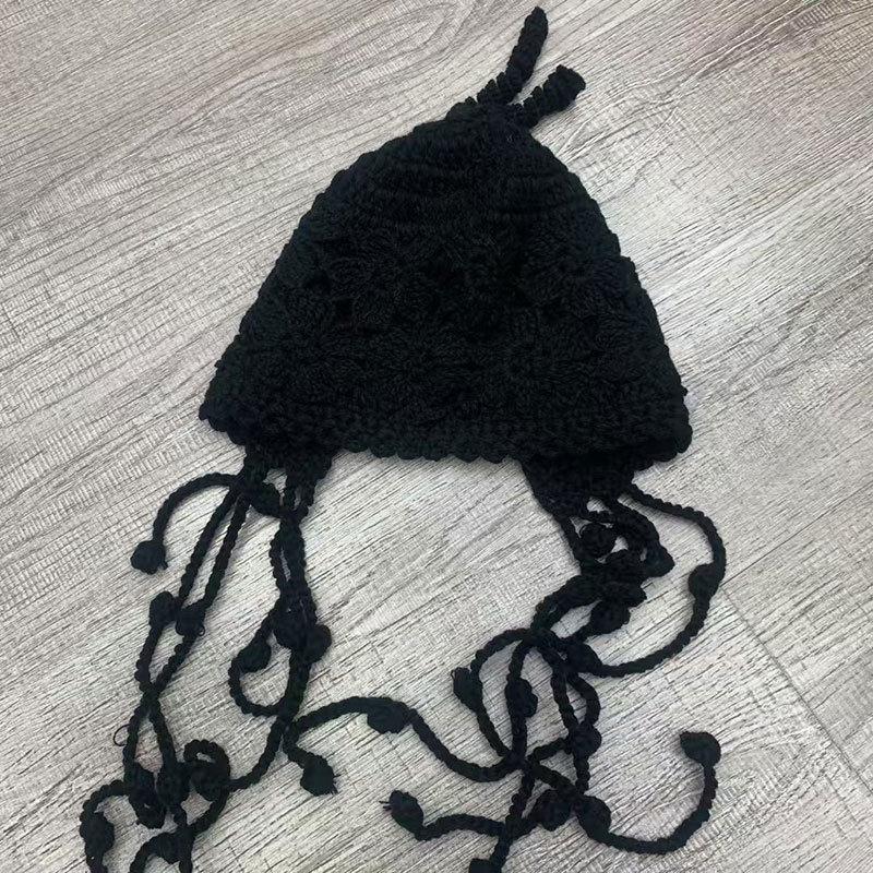 Autumn and winter hand-crocheted flower fringed pullover hat female sweet cute girl literary bag head hat tide hollow