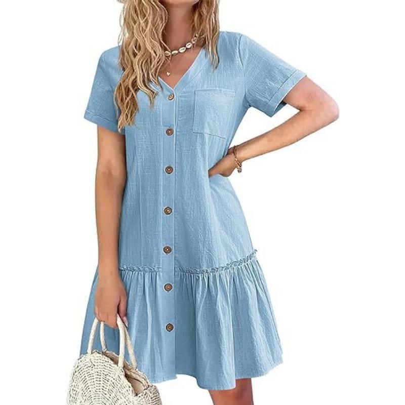 

Summer cotton dress ruffled hem casual short-sleeved dress women XL світло-синій колір