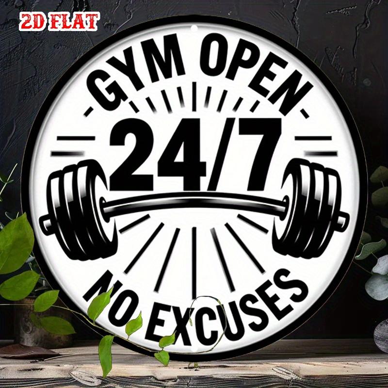 Retro Gym Open No Excuses Round Metal Tin Sign Motivational Barbell Wall Decor for Home Gym Fitness Studio Man Cave